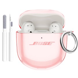 Aircawin for Bose QuietComfort Earbuds II 2022/QuietComfort Ultra 2023 Case Clear,Full Protective Soft Transparent TPU Cover for Bose QC 2 Earbuds with Carabiner and Cleaning Pen-Pink