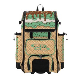 Boombah Rolling Catchers Superpack Bat Bag - 23-1/2" x 13-1/2" x 9-1/2" - Telescopic Handle - Holds 4 Bats - Wheeled Version - Ice Cream Mint Chocolate Chip Gold/Mint/Texas Orange