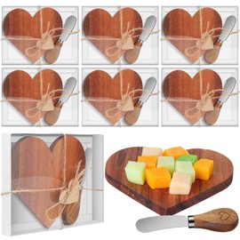 FillTouch 6 Sets Wooden Heart Shaped Cutting Board Cheese Knives Set with Wooden Heart Tags White Box Serving Charcuterie Board for Wedding Bridal shower Baby Shower Birthday Valentines Day