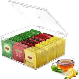 KKONHII Acrylic Tea Bag Organizer, Stackable Tea Bag Storage Organizer with 9 Compartments and Hinged Lid for Tea, Sugar Coffee Bun, Clear Tea Bag Holder with Cover for Kitchen Desk & Pantry