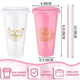 Jingmore Birthday Party Tumblers 24 oz Birthday Squad Plastic Tumblers with Lid and Straw for 20th 30th 40th 50th 60th Birthday Decorations Party Favor for Women Adults(White, Pink,12 Pcs)