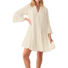 LunaJany Women's Casual Long Sleeve Tiered Mini Shift Cotton Gauze Dress Ivory L