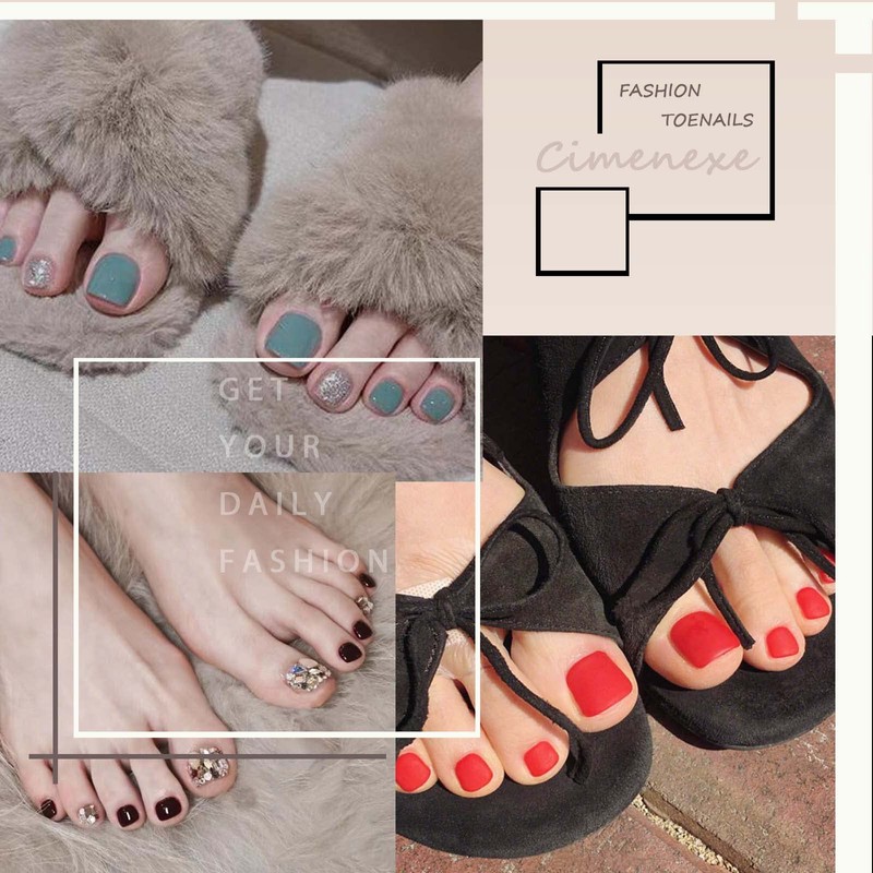 Cimenexe Square Press On Toe Nails Shiny Artificial Toenails Deep