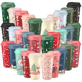 Topphopy 30 Pack Christmas Coffee Cups with Lids 16oz, Reusable Holiday Plastic Tumblers for Hot,Cold Drinks, Festive Xmas Coffee Mugs Gift Set for Women Teachers Friends, Winter Party Cups Supplies