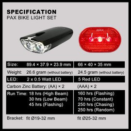 PAX Bike Lights, Super Bright LED Light Set, Bicycle Front Light and Rear Light, Water Resistant, Multi Light Mode, Easy to Install for Mountain Bike, Road Bike and others