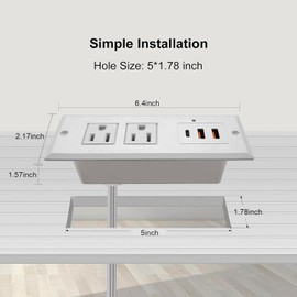 20W Recessed Power Strip USB C Fast Charge Desk Power Outlet Type C Flush Mounted Extension Power Plug for Conference Countertop Desktop Drawer Sofa ETL Listed 10ft Power Cord
