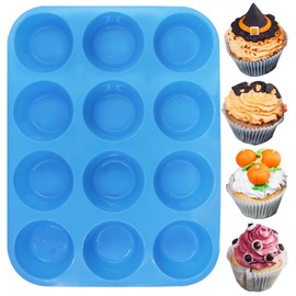 YuCool 12-Cup Muffin de Silicona y Cupcake Baking Pan, 3 Pack Moldes de Silicona para Muffin Tins, Tortas, BPA Free Non-Stick Microondas Safe (Naranja, Rojo, Azul)