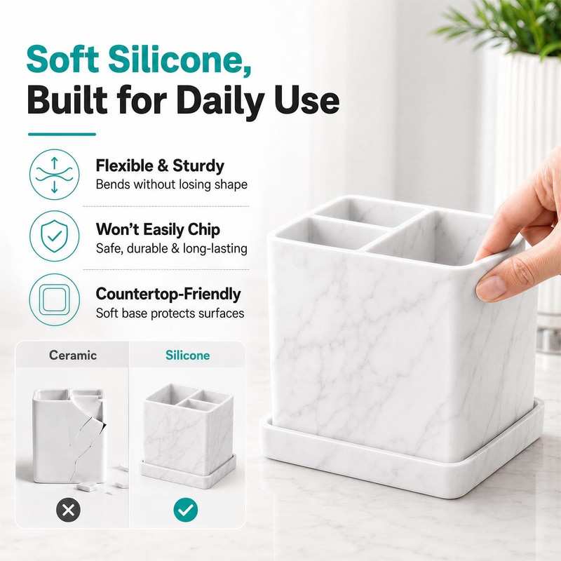 Silicone Toothbrush Holders for Bathrooms, 3 Slots Unbreakable Marble Countertop