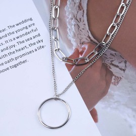 Cimenexe Bohemian Layered Circle Choker Necklace Silver Eternity Circle Necklace Geometric Hollow Circle Pendant Necklace Exaggerated Paper Clip Chain Necklace Jewellery for Women and Women
