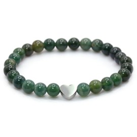 Echtes Moosachat Edelstein Armband mit 6mm Perlen und Edelstahlherz - verschiedene Längen - Heilstein Schutzstein Talisman Glücksbringer Geschenk (Moosachat, 14CM)