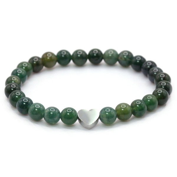 Echtes Moosachat Edelstein Armband mit 6mm Perlen und Edelstahlherz -