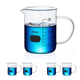 Maccx Glass Beaker with Handle, Vol. 250ml, Griffin Low Form with Printed Graduation,Pack of 4, BKLH250-004