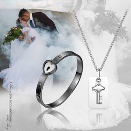 Flongo Womens Mens Heart Lock Bangle & Key Tag Pendant Necklace Set, Stainless Steel Bracelet & Necklace Color Silver&Black, Love Gift for Valentine's Day Wedding Anniversary