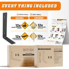 BATODA 10” Floating Shelf Brackets (6pcs)-L Shelf Brackets Black - Heavy Duty Hook Brackets for Shelves - Wall Mounted Support for DIY Open Shelving – Shelving Mounting Hardware Included (Pack 6)