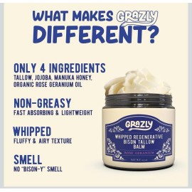 GRAZLY Organic Whipped Bison Tallow Balm w/Manuka Honey, Rose Geranium Oil - Grass-Fed