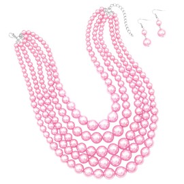 Rosemarie & Jubalee Women's Multi Strand Simulated Pearl Bib Necklace and Earrings Jewelry Set, 16"+3" Extender (Cotton Candy Pink)