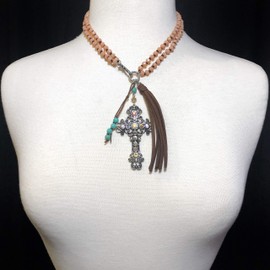 Long Beaded Large Dual Function Glass Bead AB Iridescent Rhinestone Cross Unique Charm Silver Tone Ornate Pendant Necklace & Dangle Earrings Set (Brown & Simulated Turquoise)