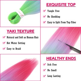 Dorsanee 3 Tone Braiding Hair Pre Stretched 24 Inch 3 Packs Braiding Hair Extensions for Box Braids Twists Locs Hair Soft Yaki Texture Hot Water Setting (#Light Green/Light Purple/Pink)