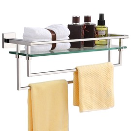 LANC Bathroom Glass Shelf with Towel Bars 20-Inch Silver Floating Tempered Glass Shelves with 2 Rails for Bathroom Kitchen Accessories Organizers Glass Rack Wall Mount Stainless Steel Chrome，A7617CP