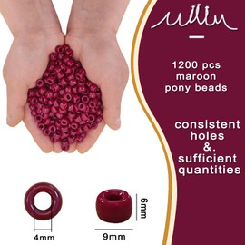 MIIIM 1200PCS 6x9mm Pony Beads Bulk, Brick Red Pony Beads for Bracelets Making Kit, Kandi Beads, Hair Beads for Braids, Craft Beads for Jewelry Making (Maroon)