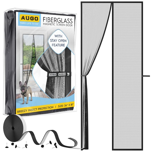 AUGO Fiberglass Magnetic Fly Screen Door - Self Sealing, Heavy Duty, Hands Free Mesh Net Partition Keeps Bugs Out - Pet and Kid Friendly - Patent Pending Keep Open Feature - 87 x 207cm