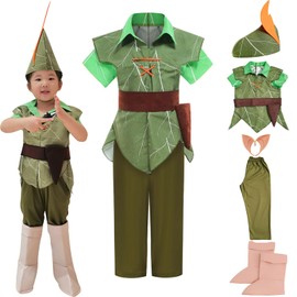 Lkbilswei Peter Pan Costume, For Boys, Cosplay, Costume, With Hat, Boot Cover, Top, Pants, Belt, Peter Pan Clothes, Halloween, Children's Costume, For Boys, School Festivals, Unisex, Stage Costume