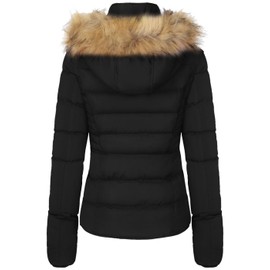 BodiLove Women's Fur Hooded Utility Jacket With Zipper and Fannel Lining Black L