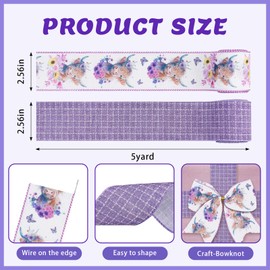 Estivaux 2 Rolls Spring Flowers Calf Ribbons for Wreath Bows, 2.5"×10 Yards Wired Edge Ribbons Purple Burlap Ribbon Alpine Cattle Wired Ribbons for Crafting Sewing Wedding Birthday Supplies