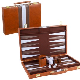 RERIVER Backgammon Set 2 Players Classic Backgammon Sets for Adults Board Game with PU Leather Case Portable and Travel Backgammon Set (Retro Brown, 18inch)