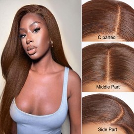 YILINHEXUAN Brown Kinky Straight Human Hair Wigs 13x4 Yaki Straight Human Hair Wigs for Women Brazilian Remy Hair Yaki Straight Brown Lace Frontal Wig Pre Plucked with Baby Hair 22 Inch