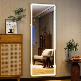 WISSMIELS 65"x24" LED Full Length Mirror with Stand, Floor Mirror with LED Lights, Full Body Dressing Standing Mirror with Dimming & 3 Color Lighting for Bedroom, Dressing Room, Cloakroom