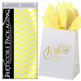 Flexicore Packaging White Kraft Paper Welcome Bags & Yellow Gift Wrap Tissue Paper | Size: 8 Inch X 4.75 Inch X 10.5 Inch | Count: 50 Bags | Color: Yellow Chevron