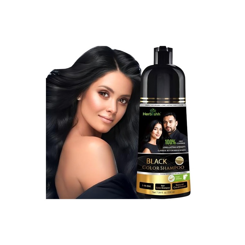 Herbishh Black Shampoo, Hair Dye Shampoo 3 in 1, 100%