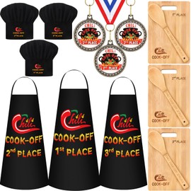 FoldTier 15 Pcs Chili Cook off Prizes Include 3 Chili Cook off Apron,3 Chef Hats,3 1st 2nd 3rd Trophies,3 Cutting Boards with 3 Handle Spoons for Men Women Festivals Decorations