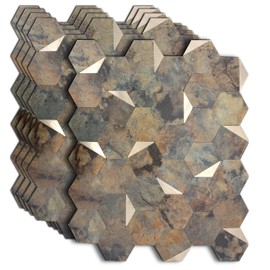 YMMXGE 5-Sheet Peel and Stick Backsplash PVC Wall Tile for Kitchen, Bathroom ，Self Adhesive Hexagon Aluminum Sticker 12"x10.4"x0.15" (5, Yellow Marble+Gold)