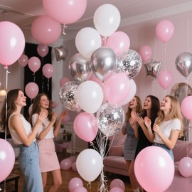 Balloons Pink White Silver Pack of 60, 12 Inch Silver Confetti Latex Balloons, Pastel Pink White Balloons, Silver Metallic Helium Balloons for Girls Baby Shower Birthday Decoration Party Decoration