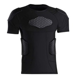 Teens Padded Compression Shirt w/ 6 Pads Chest Shoulder Rib Protector for Goal Keeper Parkour Rugby Baseball Extreme Exercise Suit for Boys XL Black