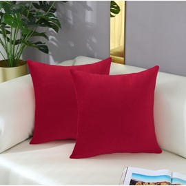 mixeoo Comfy Bright Red Throw Pillow Covers Santa Decorative Square Solid Thick Velvet Super Soft Cushion Cases Home Decor for Sofa Couch Living Room Chair, Set of 2, 16 x 16 Inch