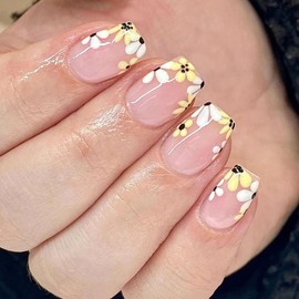 Flower French Tip Press on Nails Short Square Fake Nails with Flowers Design Glue on Nails Light Pink Full Cover Nails Press ons Glossy False Nails Spring Acrylic Nails for Girls Women 24Pcs