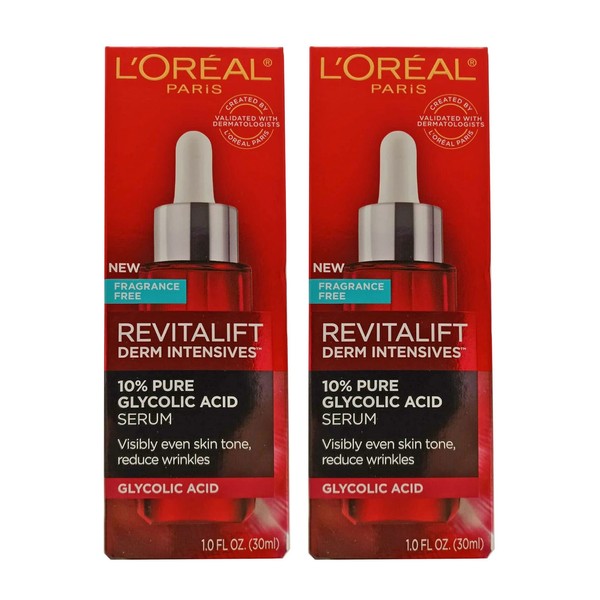 Treat-ur-Skin,L'Οreal Derm Intensives 10% Pure Glycolic Acid Serum Dark Spot Corrector, Even Tone, Reduce Wrinkles, Peel for Skin, Hydrates, 1 oz, 071249403600, (Pack of 2)