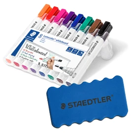 Staedtler Staedtler Lumocolor 351 WP8 Whiteboardmarker, Rundspitze, 2 mm, aufstellbare Box mit 8 farben + original Staedtler Löscher