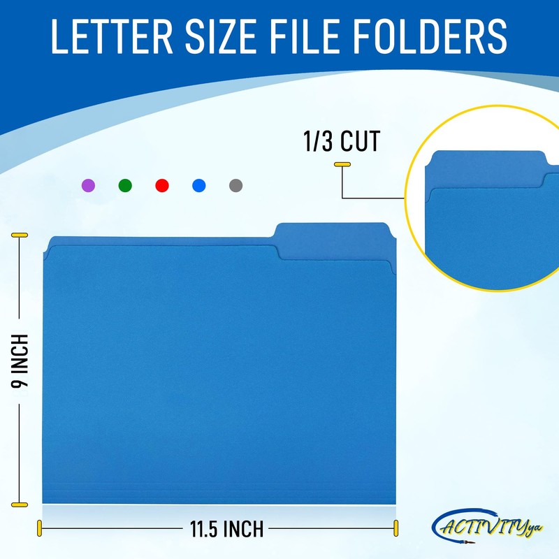 Blue File Folders, 1/3-Cut Tabs, Letter Size, 12-Pack – Durable