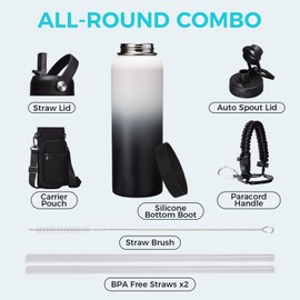 VICKNIY Insulated Water Bottle 40OZ - Cold-48h Hot-24h, Sweat-Proof, Large Stainless Water Bottle with Paracord Handle, Straw Spout Lid, Carrying Pouch & Protective Boot, Office Gym Flask Waterbottle