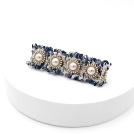 Burnaby blue tweed pearl button hairpin / 버나비 블루 트위드 진주 버튼 헤어핀