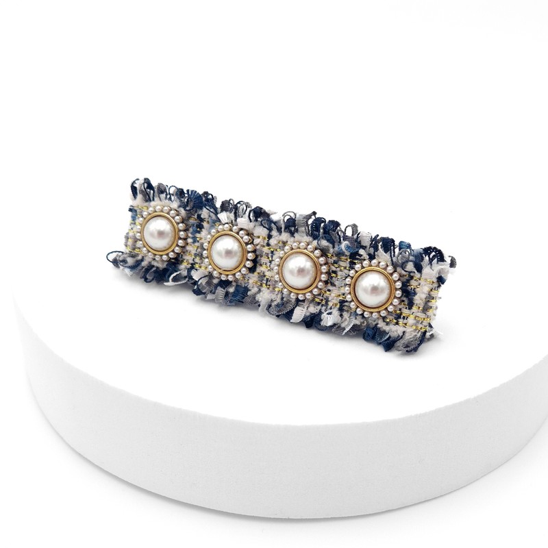 Burnaby blue tweed pearl button hairpin / 버나비 블루 트위드