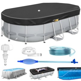10 x 7Ft Oval Pool Cover with Automatic Drain, 420D One-Piece Tear Resistant Above Ground Pool Cover with Ratchet Buckle, Quick Installation/Preventing Waterlogging/Windproof/UV Protected