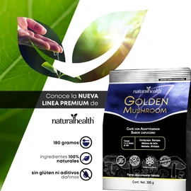 Natural Health. Golden Mushroom, Incrementa tu Energía y Enfoque. Café soluble con Adaptógenos Melena de León, Maitake, Shiitake, Cordyceps y Bacopa. Bajo en calorías, Sin Azúcar Añadida. Sabor Cappuccino.