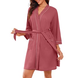 Ekouaer Women Robes Waffle Knee Length Bathrobe Lightweight Soft Sleepwear V neck 3/4 Sleeve Casual Ladies Loungewear Gray Purple S