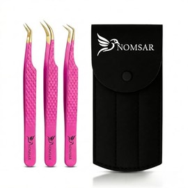 Professional Eyelash Tweezers, Precision Tweezers with Curved Fiber Tip, Eyelash Stainless Steel Pointed Tweezers with Diamond Grip for Volume lash Extension Applications & Multipurpose (Pink)