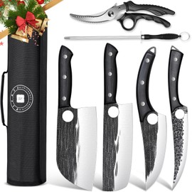 TIVOLI Professional Butcher Knife Set for Meat Processing, 7Pcs High Carbon Steel Hand Forged BBQ Knife Sets, Serbian Chef Knife Set with Ergonomic Handle for Kitchen Outdoor Cooking Christmas Gifts